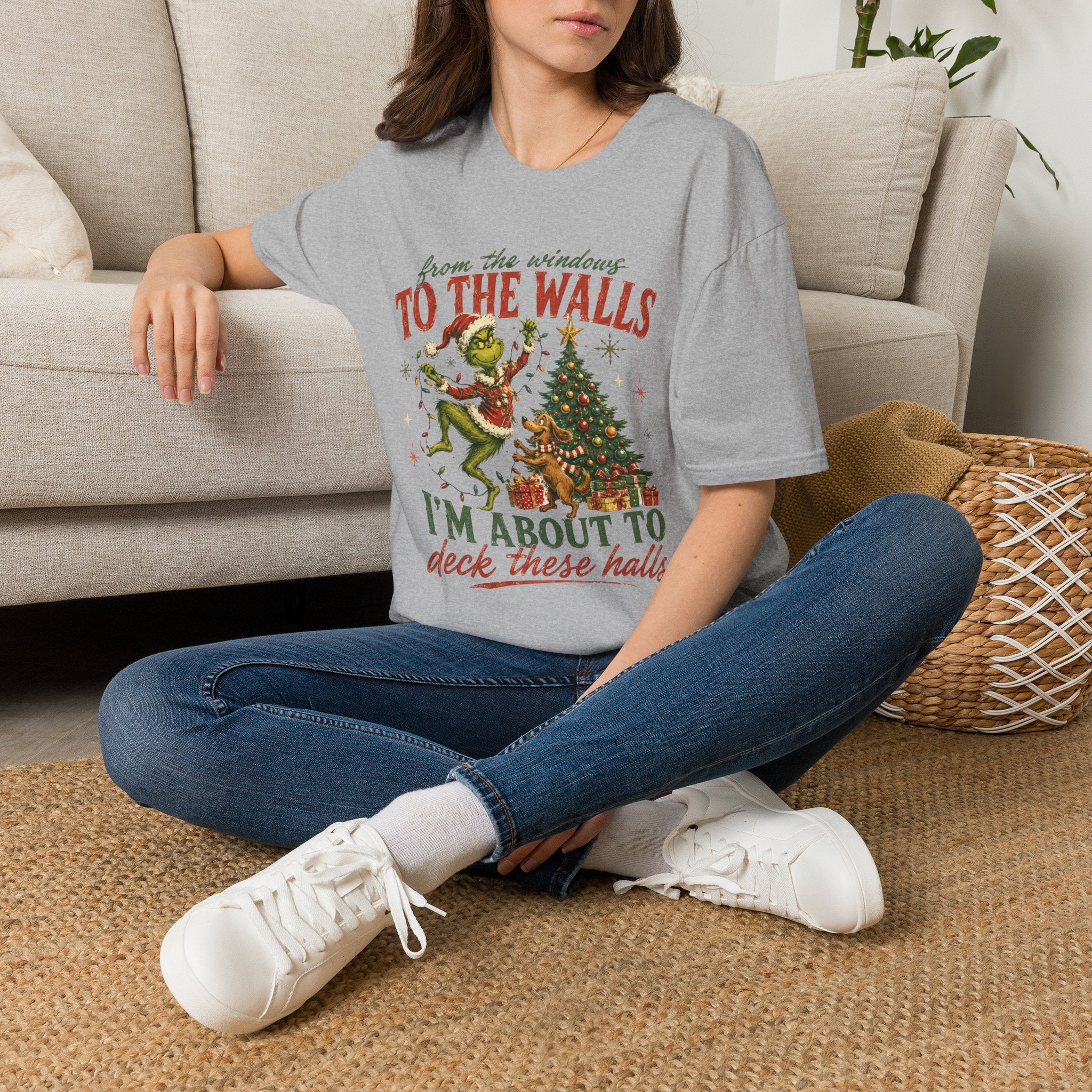 Grinch Christmas T-Shirt — "From the Windows to the Walls I'm About to Deck These Halls" Holiday Tee
