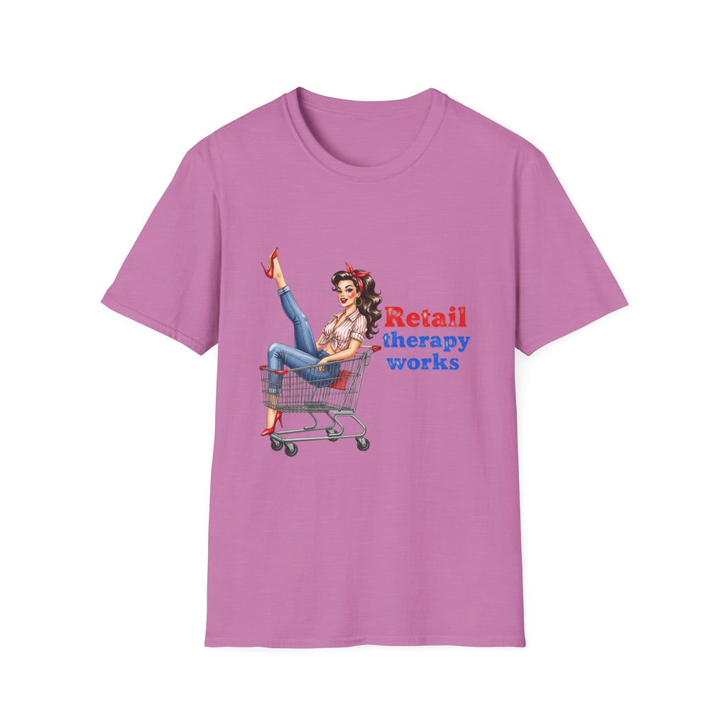 Retail Therapy Works T‑Shirt — Vintage Pinup Shopping Quote Tee