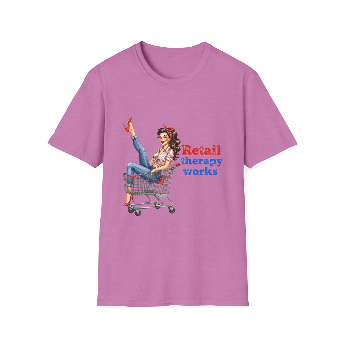 Retail Therapy Works T‑Shirt — Vintage Pinup Shopping Quote Tee