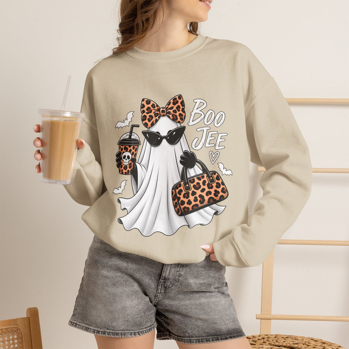 🔥 Boo Jee Leopard Ghost Halloween Graphic Crewneck Sweatshirt