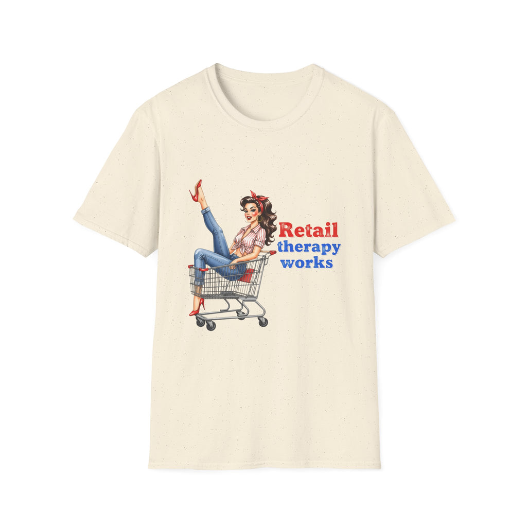 Retail Therapy Works T‑Shirt — Vintage Pinup Shopping Quote Tee
