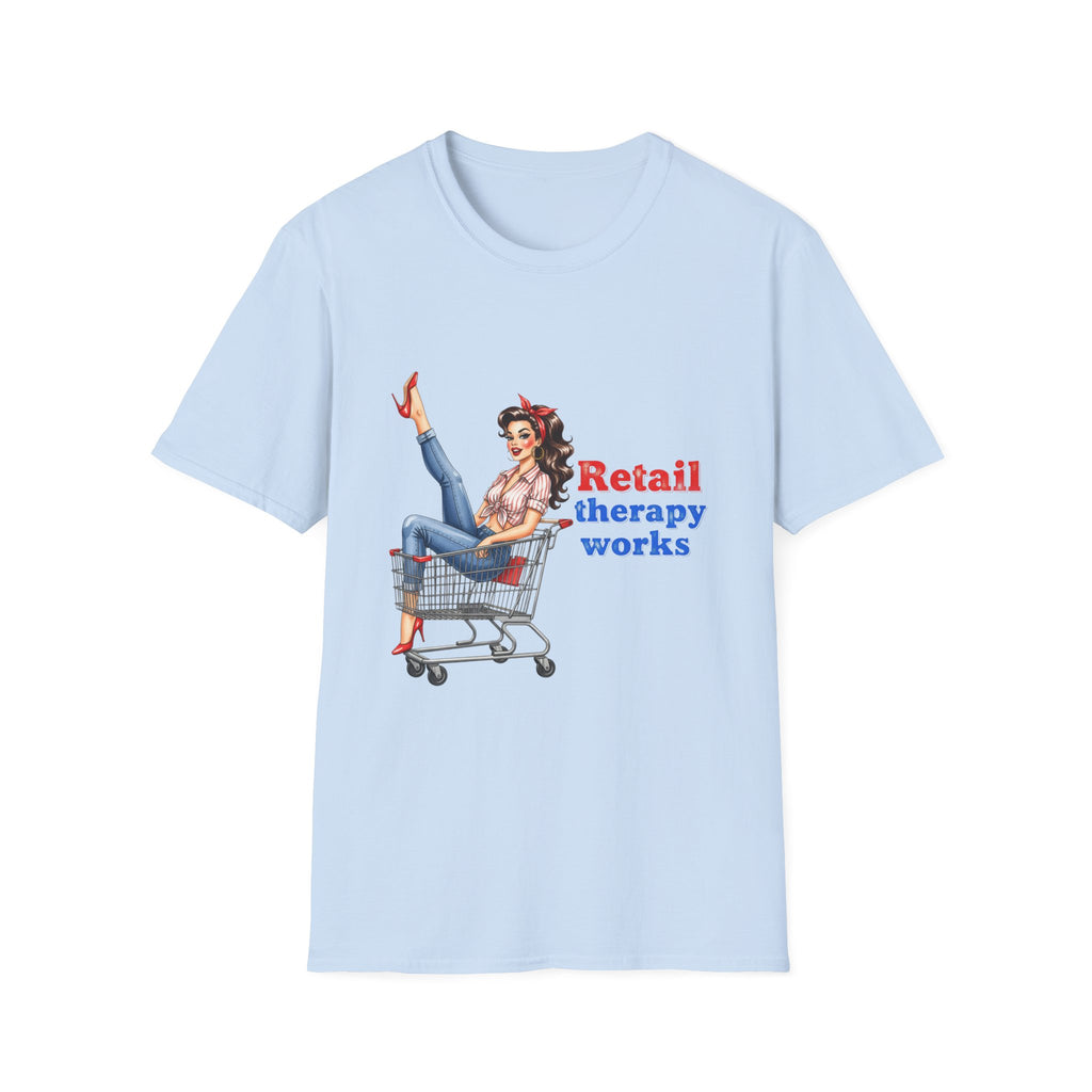 Retail Therapy Works T‑Shirt — Vintage Pinup Shopping Quote Tee