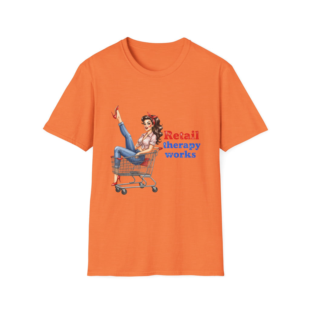Retail Therapy Works T‑Shirt — Vintage Pinup Shopping Quote Tee