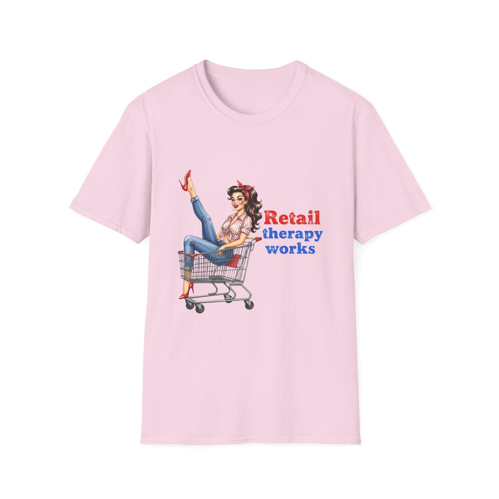 Retail Therapy Works T‑Shirt — Vintage Pinup Shopping Quote Tee