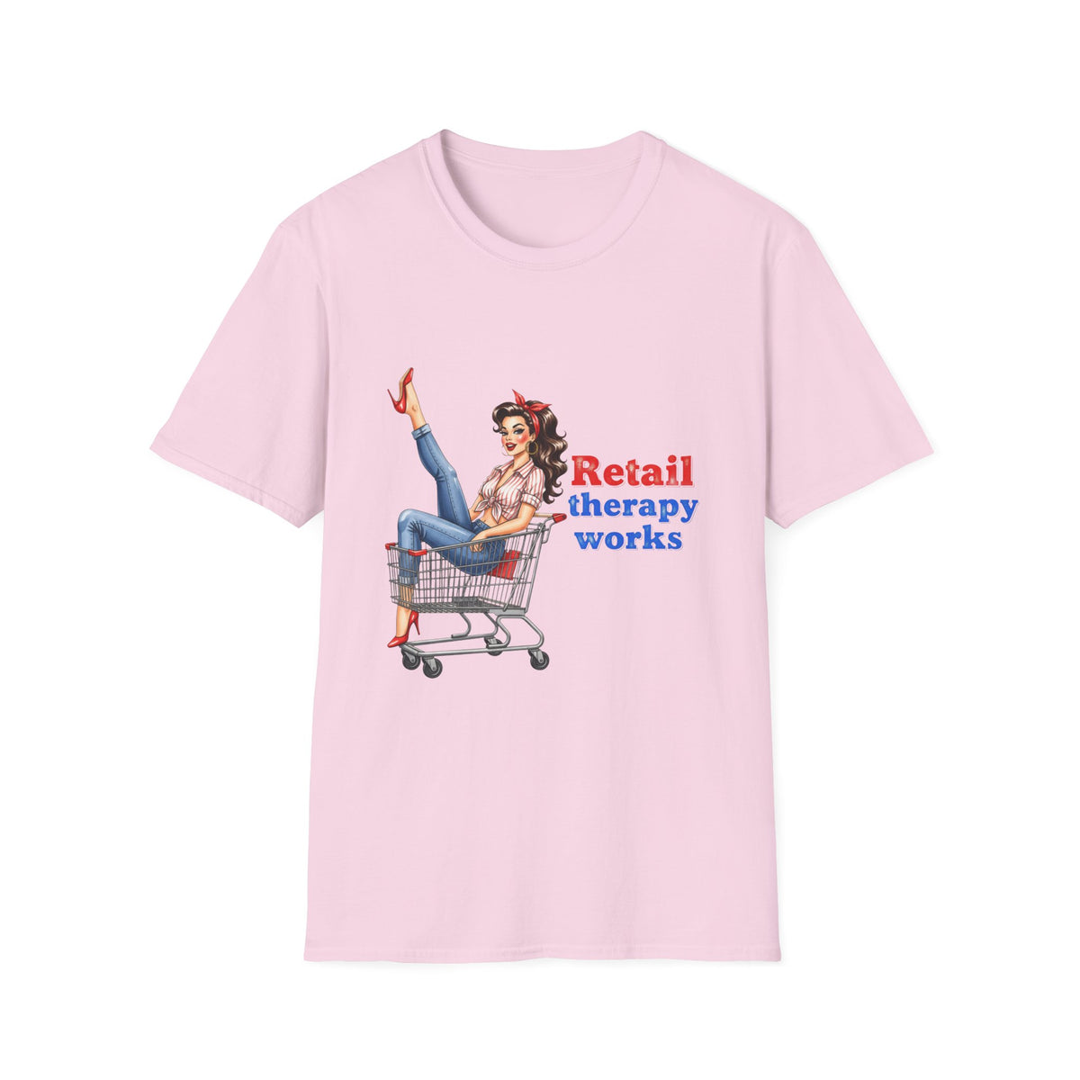Retail Therapy Works T‑Shirt — Vintage Pinup Shopping Quote Tee