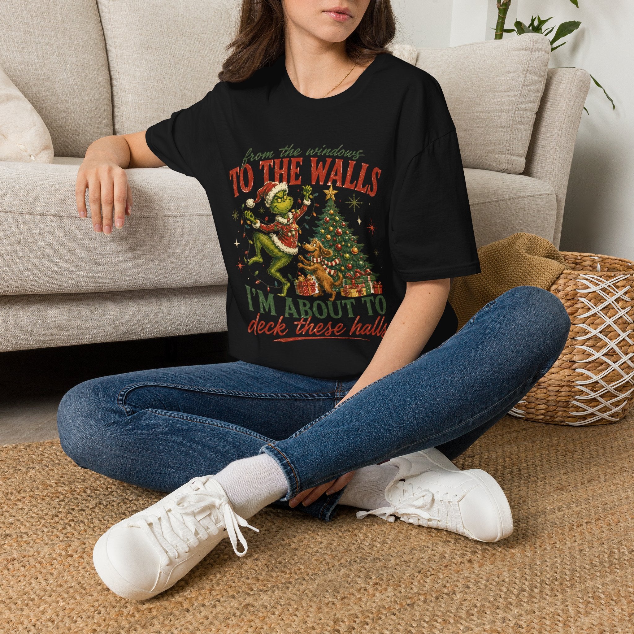 Grinch Christmas T-Shirt — "From the Windows to the Walls I'm About to Deck These Halls" Holiday Tee
