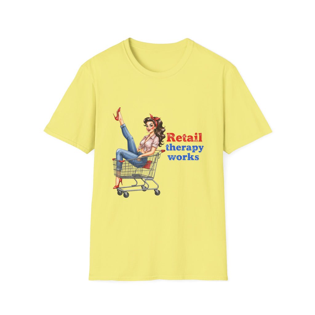 Retail Therapy Works T‑Shirt — Vintage Pinup Shopping Quote Tee