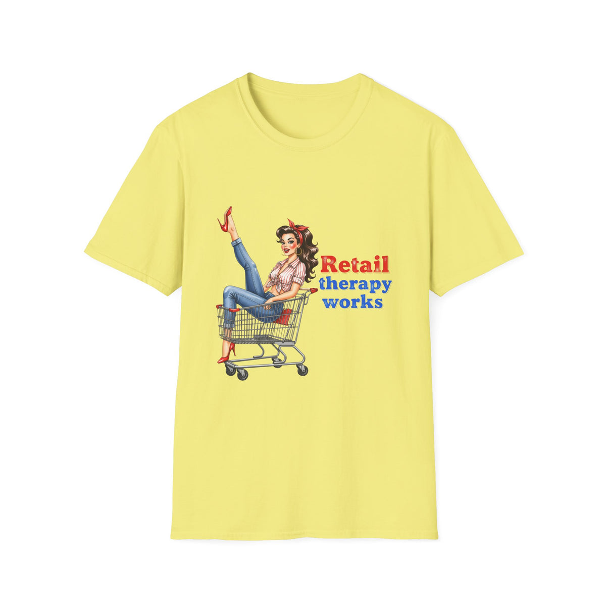 Retail Therapy Works T‑Shirt — Vintage Pinup Shopping Quote Tee