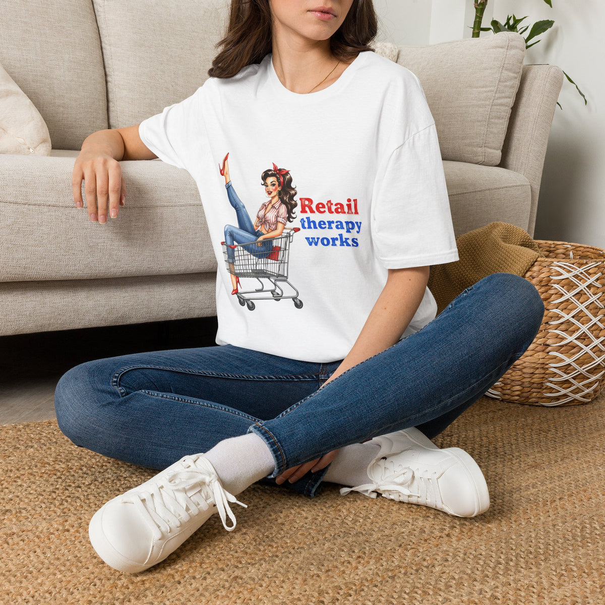 Retail Therapy Works T‑Shirt — Vintage Pinup Shopping Quote Tee