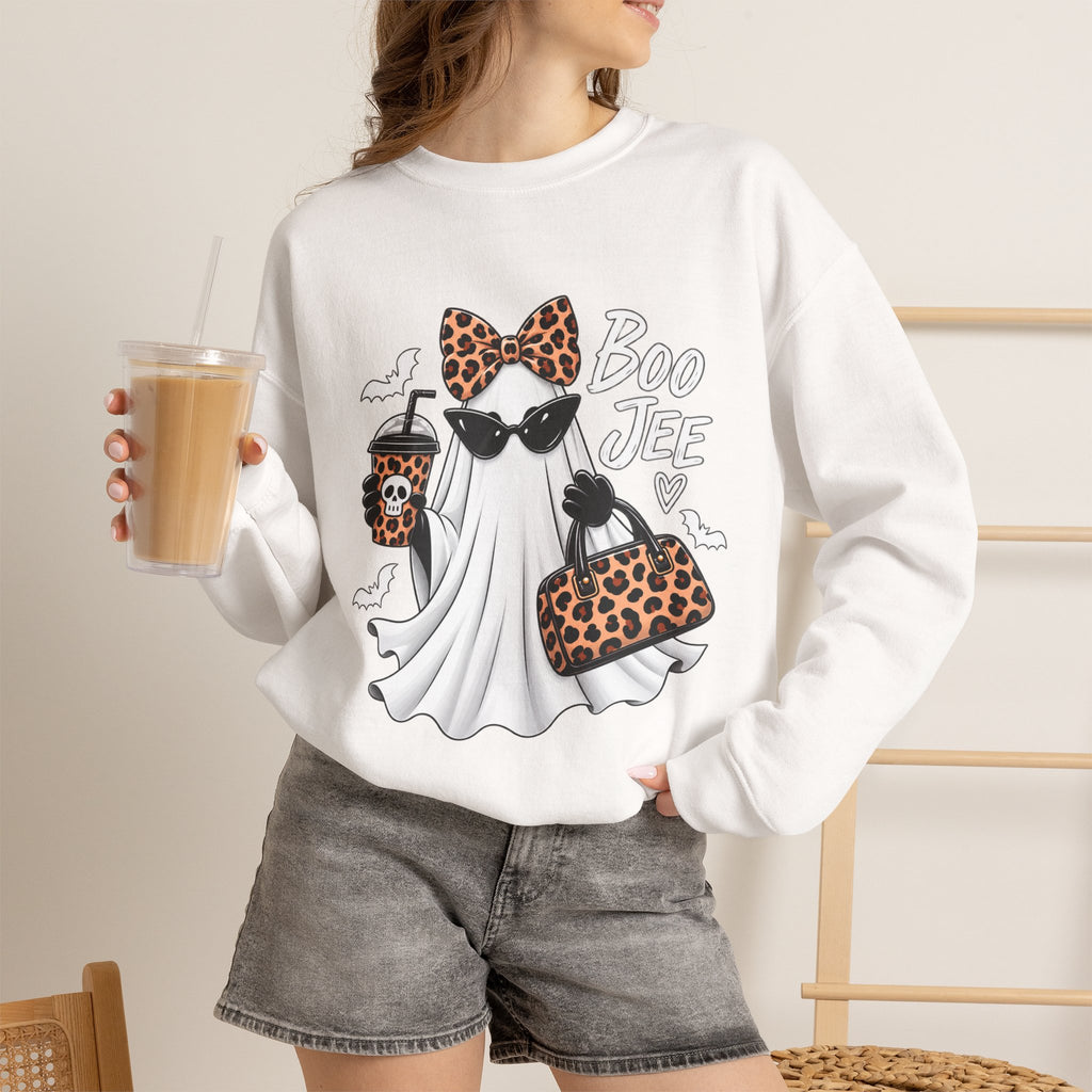 🔥 Boo Jee Leopard Ghost Halloween Graphic Crewneck Sweatshirt