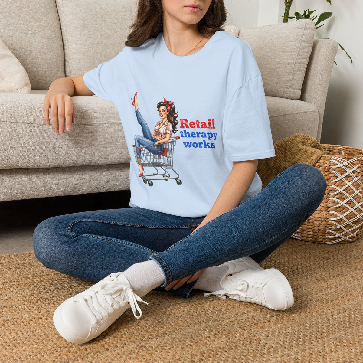 Retail Therapy Works T‑Shirt — Vintage Pinup Shopping Quote Tee