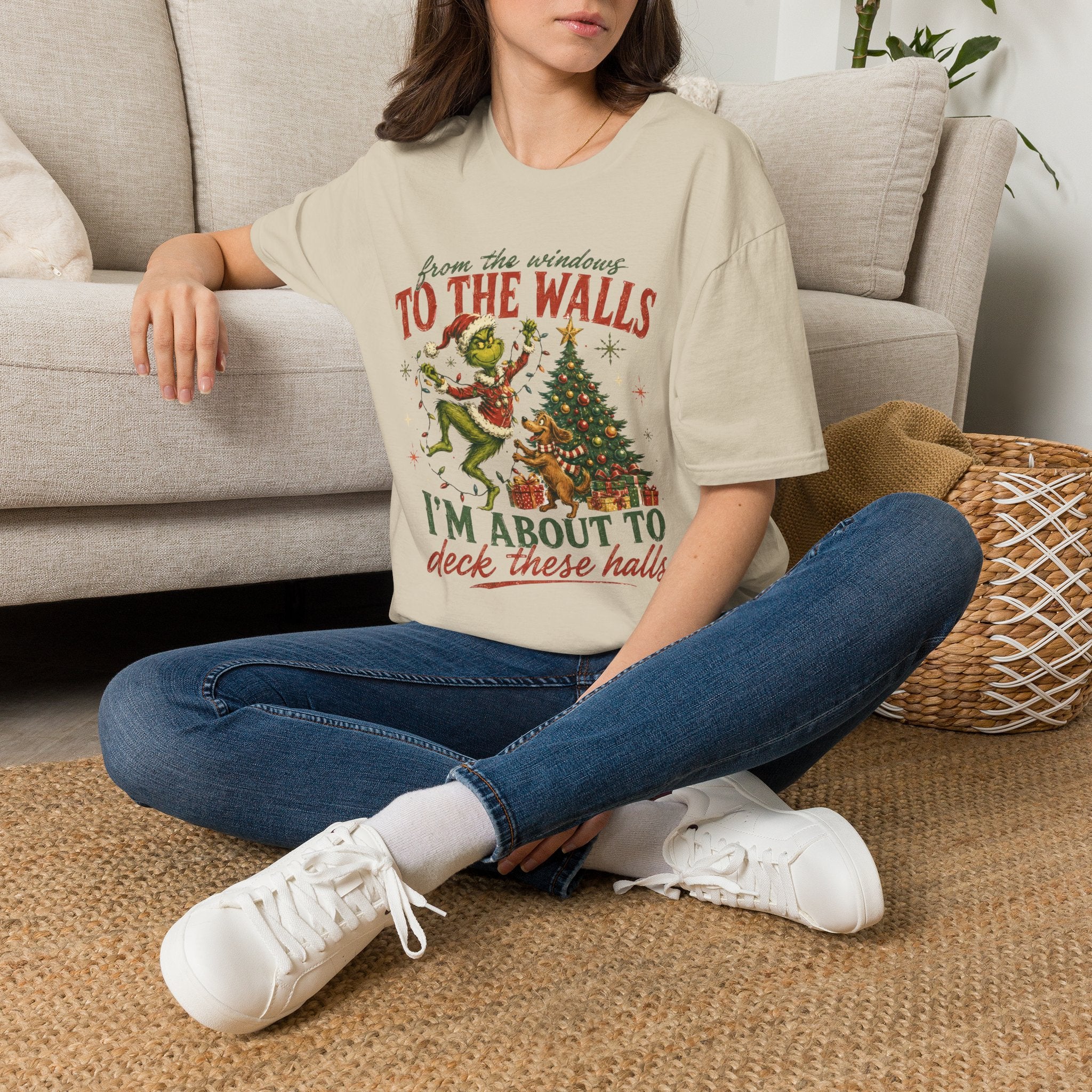 Grinch Christmas T-Shirt — "From the Windows to the Walls I'm About to Deck These Halls" Holiday Tee