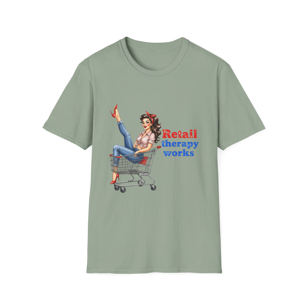 Retail Therapy Works T‑Shirt — Vintage Pinup Shopping Quote Tee