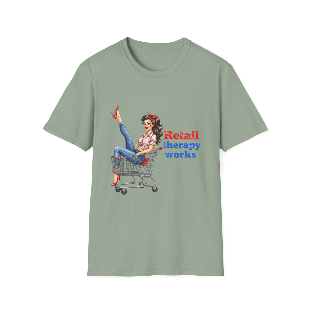 Retail Therapy Works T‑Shirt — Vintage Pinup Shopping Quote Tee