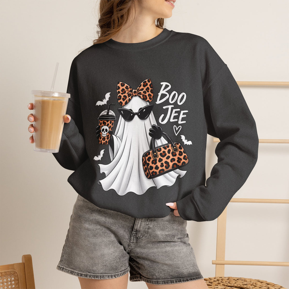 🔥 Boo Jee Leopard Ghost Halloween Graphic Crewneck Sweatshirt