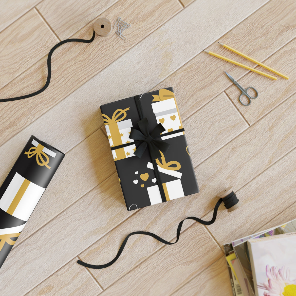 🖤✨ Black & Gold Celebration Gift Box Wrapping Paper Roll – 1pc