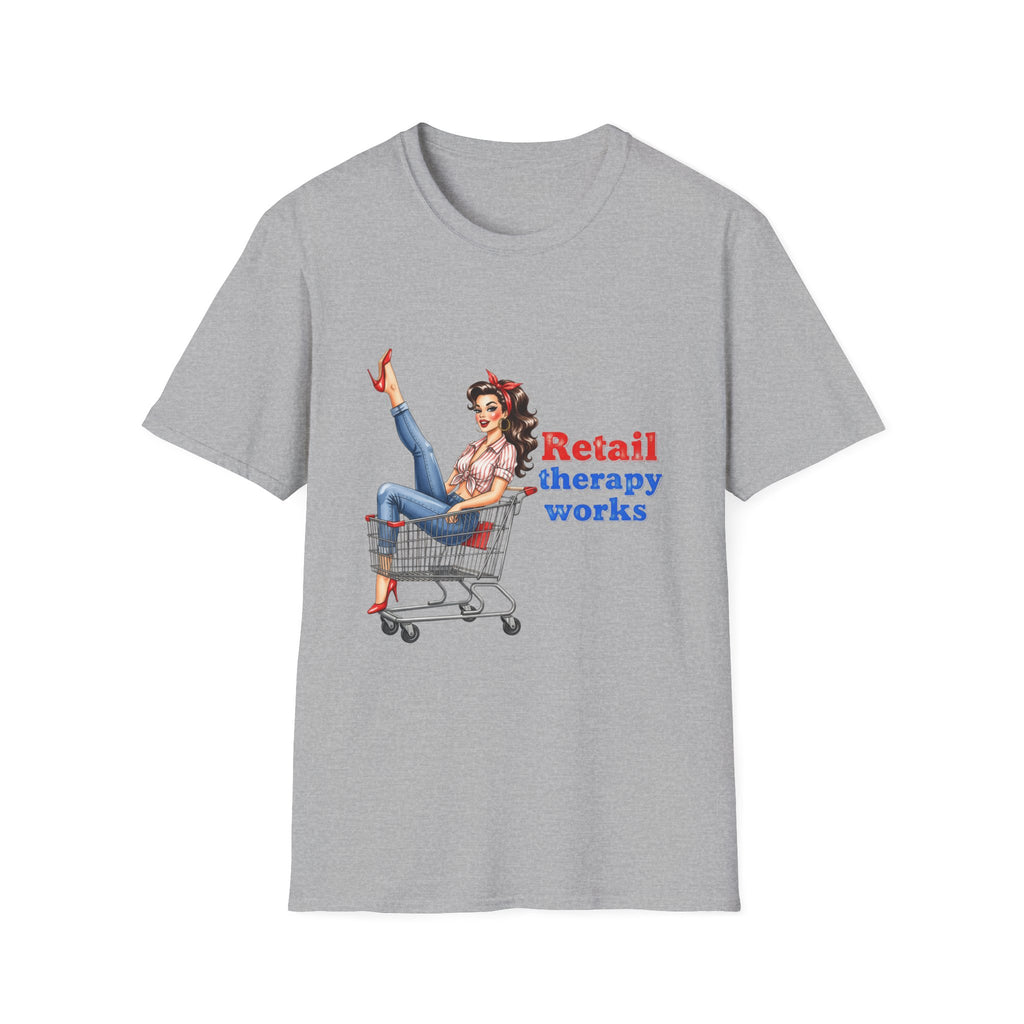 Retail Therapy Works T‑Shirt — Vintage Pinup Shopping Quote Tee