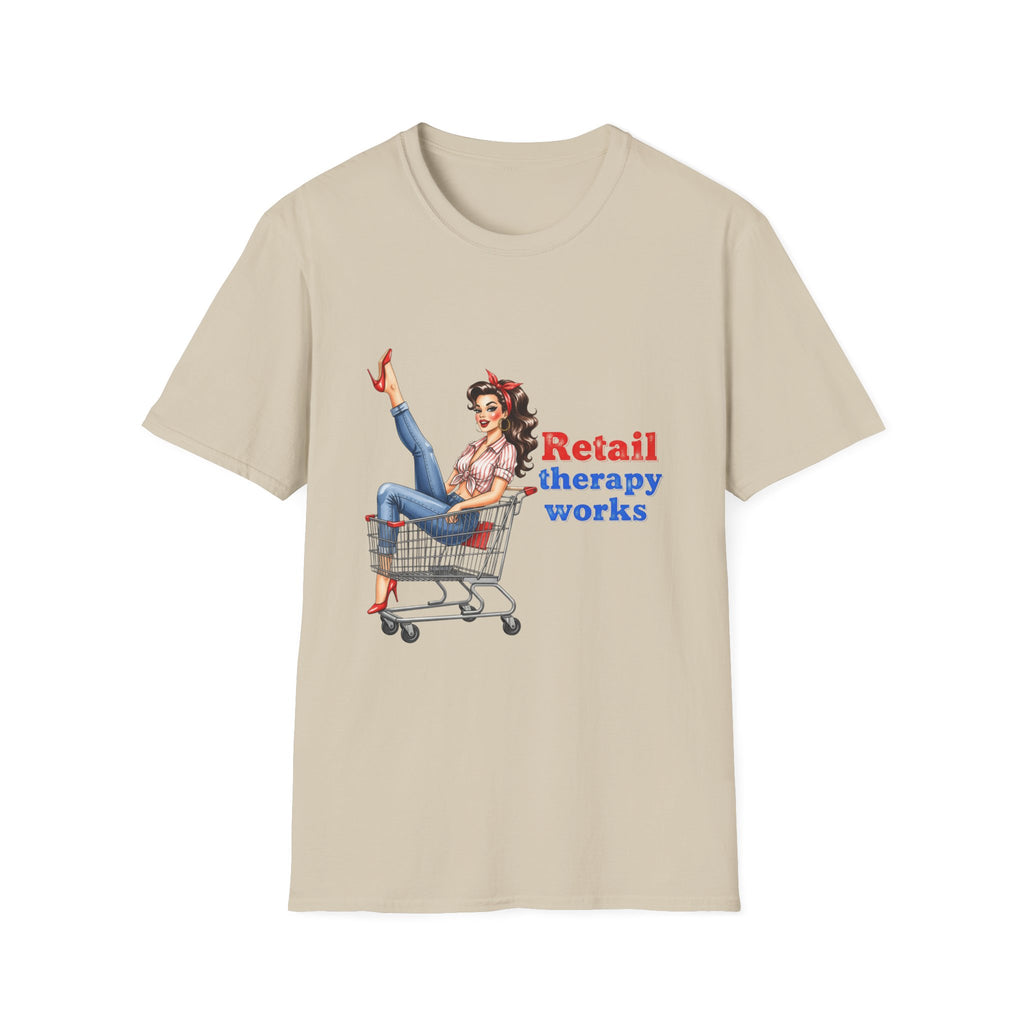 Retail Therapy Works T‑Shirt — Vintage Pinup Shopping Quote Tee